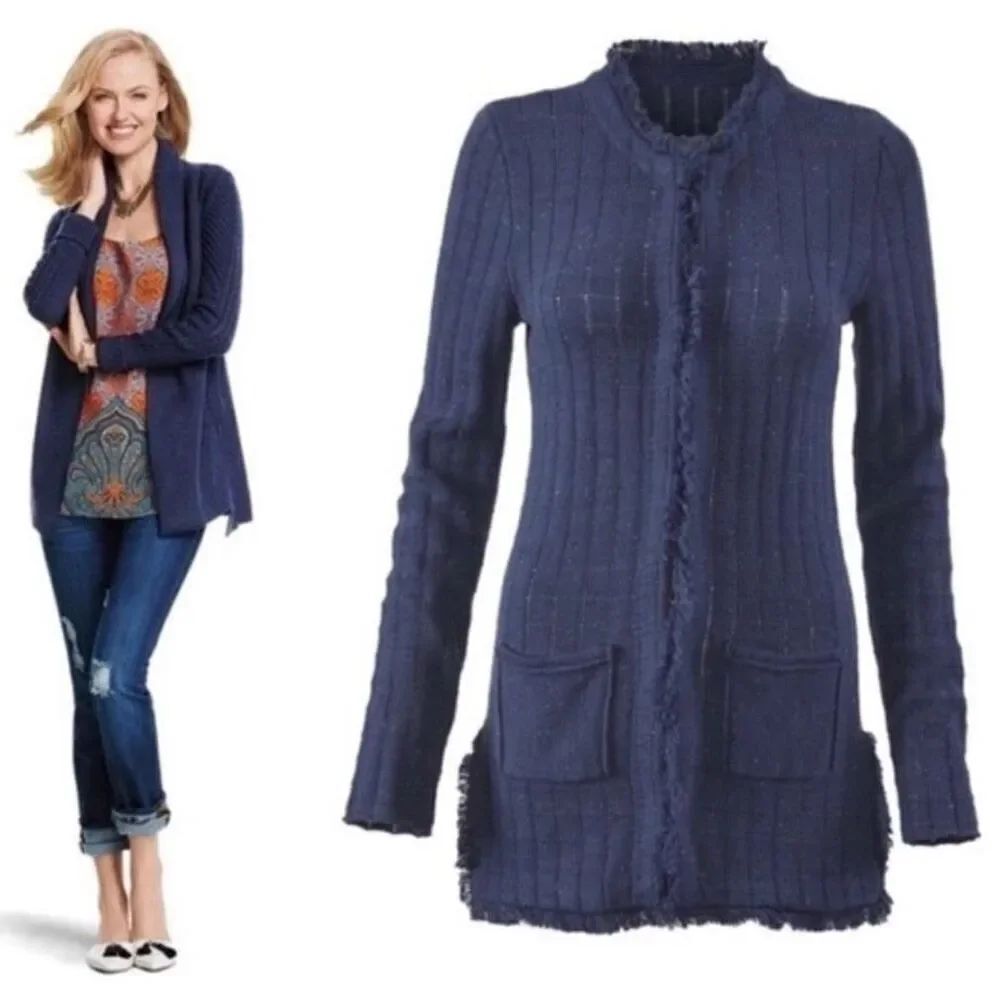 Cabi #181 Duchess Blue Confetti fringe trim Long Cardigan Sweater sz L